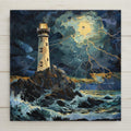 Stained glass style ceramic tile featuring a tall lighthouse on rocky cliffs during a dramatic ocean storm. Golden lightning spreads across a dark navy sky while waves crash against the shore. Moody coastal wall decor in jewel tones with strong contrast and glowing highlights.