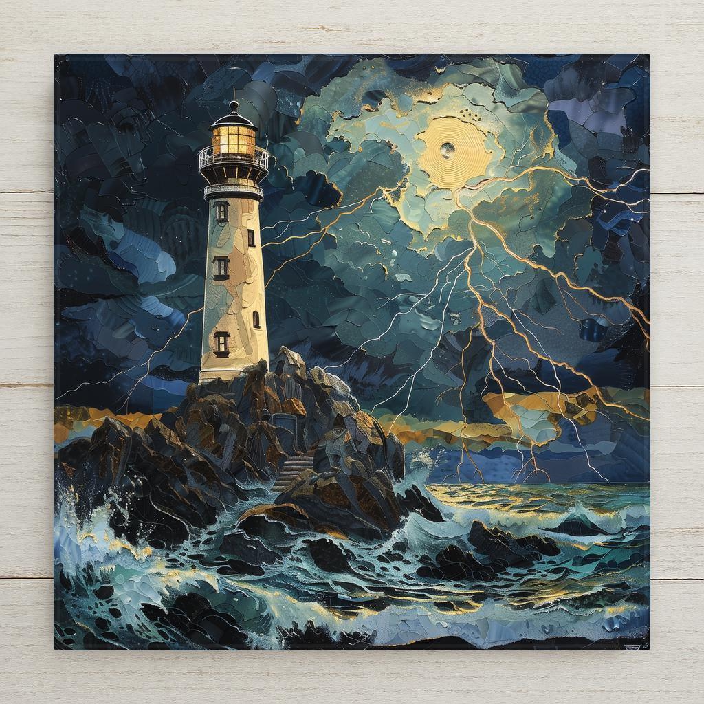 Stained glass style ceramic tile featuring a tall lighthouse on rocky cliffs during a dramatic ocean storm. Golden lightning spreads across a dark navy sky while waves crash against the shore. Moody coastal wall decor in jewel tones with strong contrast and glowing highlights.