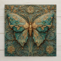 Art Nouveau butterfly ceramic tile wall art featuring a symmetrical butterfly with flowing wings, floral accents, and stained glass–style colors in teal and gold. Nature-inspired home decor printed permanently on ceramic tile. Optional tile wall hanger, easel tile stand, cork backing, and premium frame available.