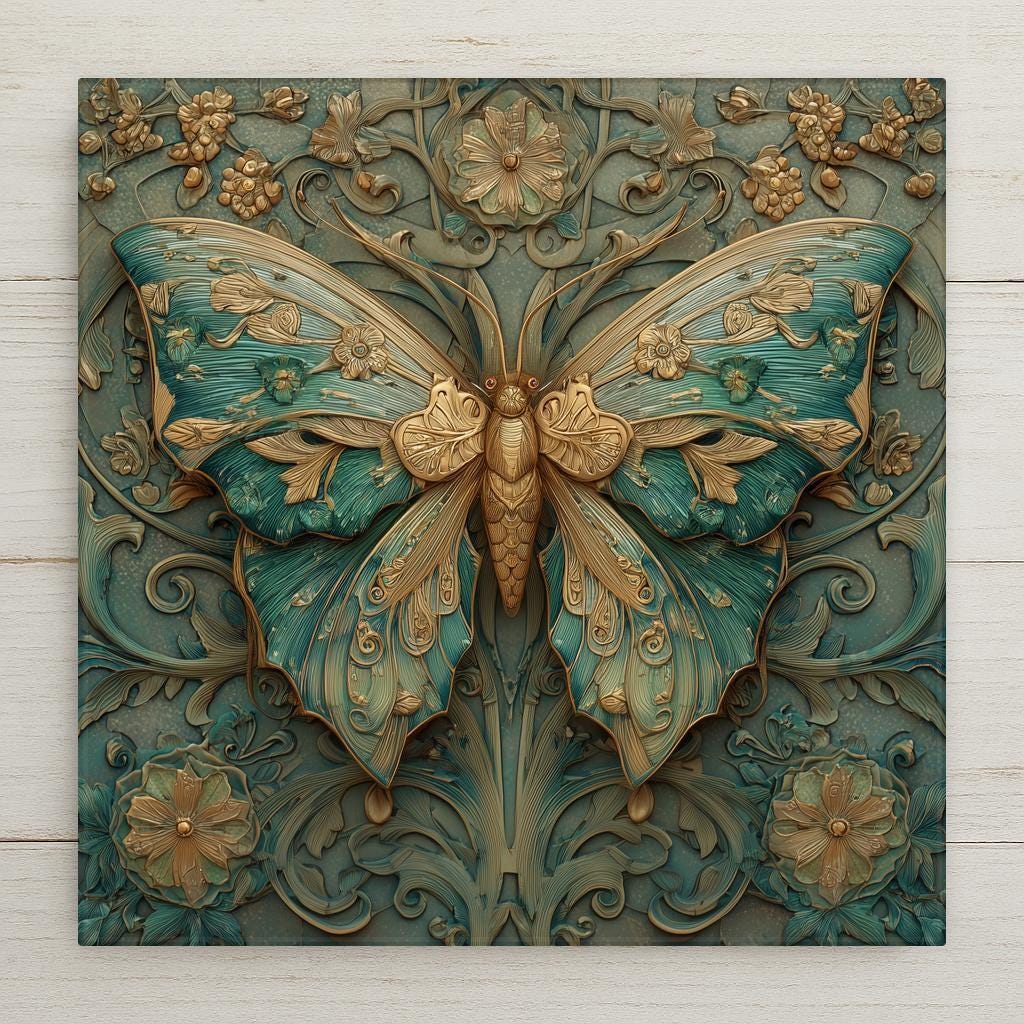 Art Nouveau butterfly ceramic tile wall art featuring a symmetrical butterfly with flowing wings, floral accents, and stained glass–style colors in teal and gold. Nature-inspired home decor printed permanently on ceramic tile. Optional tile wall hanger, easel tile stand, cork backing, and premium frame available.