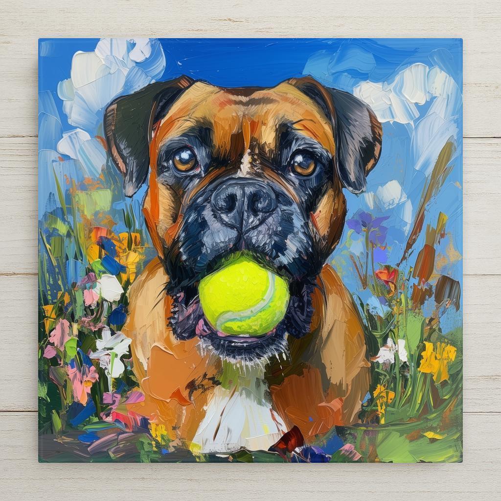 Bold ceramic tile wall art of a Boxer holding a tennis ball in a colorful flower meadow. Expressive dog wall art for Boxer lovers and pet parents. A great home decor handmade gift or unique decor piece to celebrate this fun-loving and loyal breed.