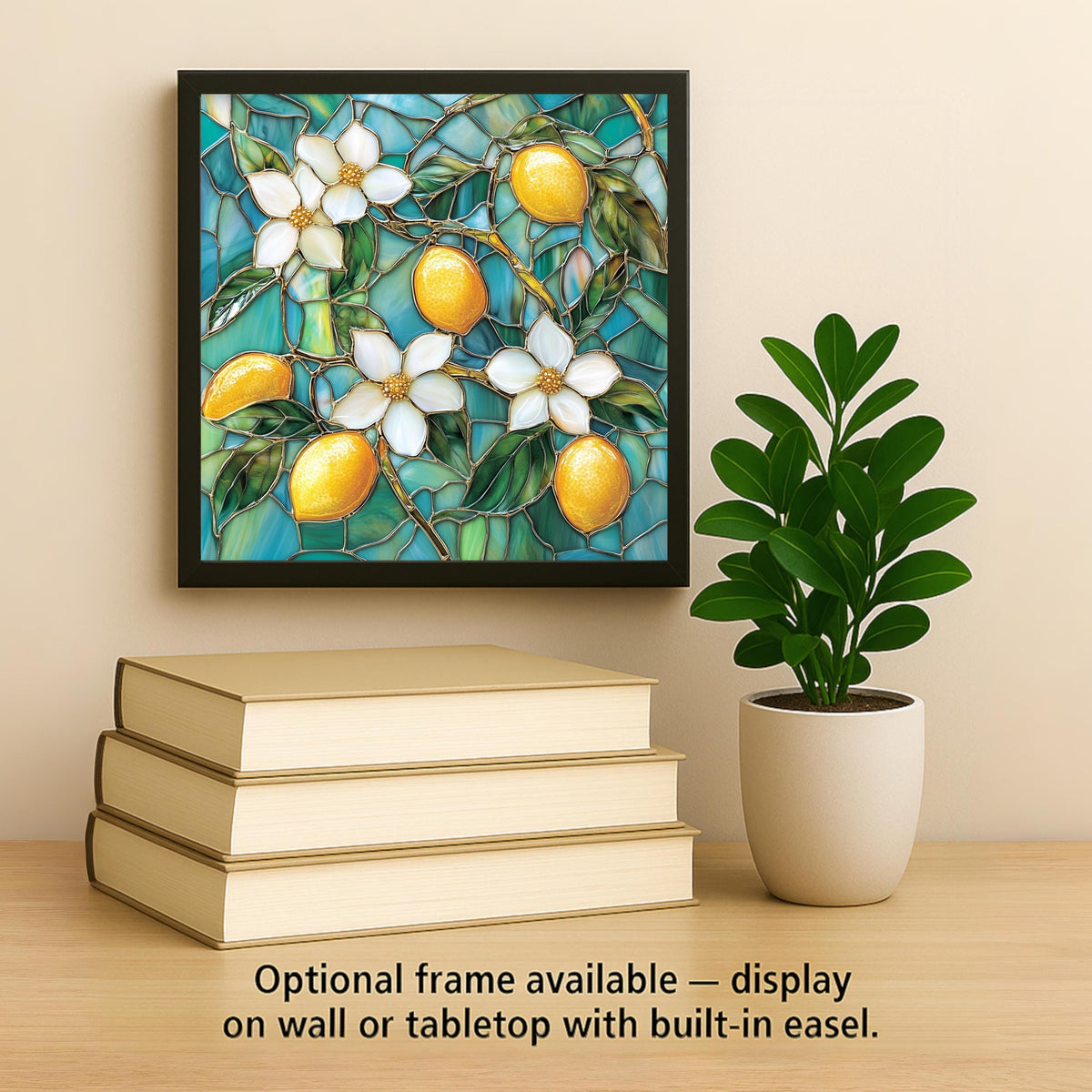 Lemon Wall Art Ceramic Tile Stained Glass Style Kitchen Decor Lemon Blossom Citrus Tile Teal Botanical Nature Art