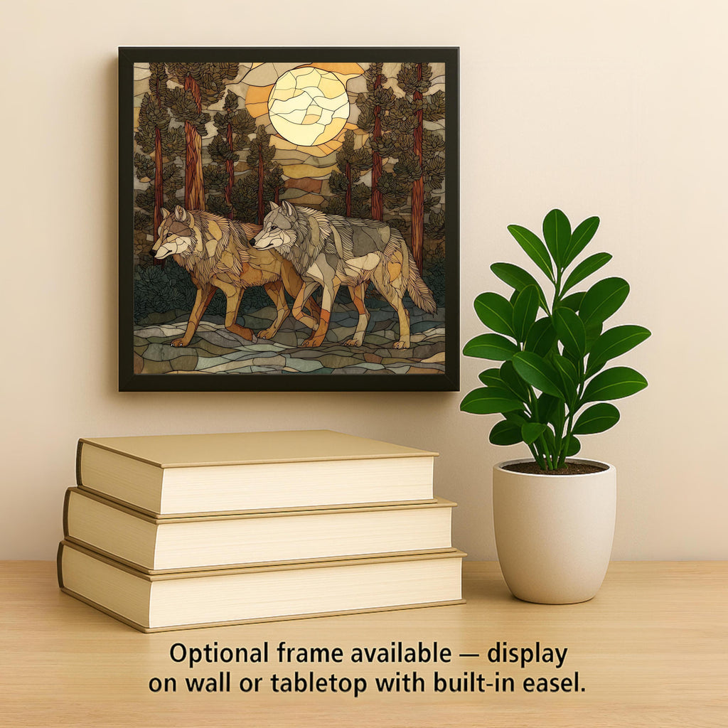 Wolf Pair Wall Art Ceramic Tile Stained Glass Style Woodland Gift Couple Decor Moonlit Forest Nature