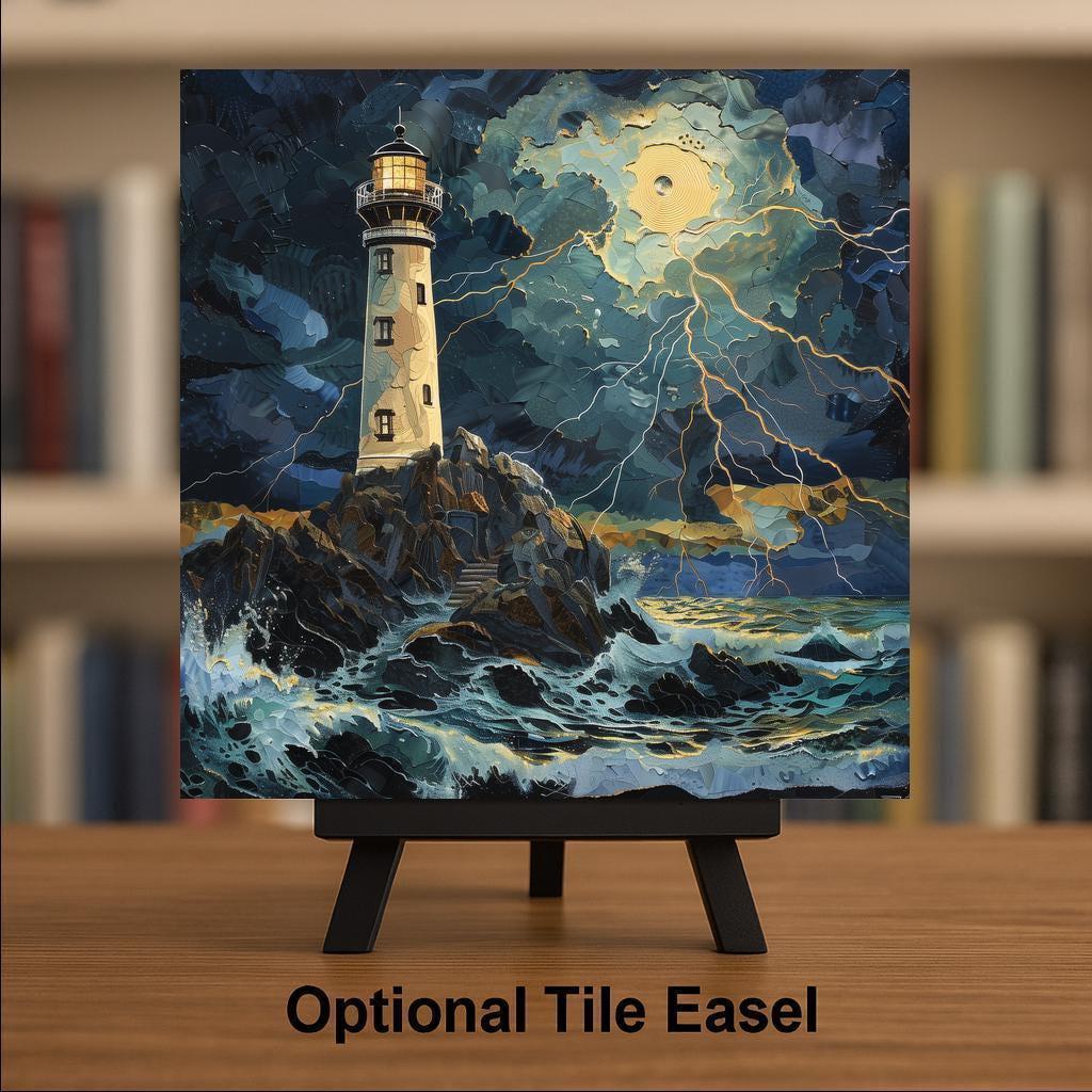 Storm Lighthouse Wall Art Ceramic Tile – Dramatic Coastal Decor – Moody Nautical Home Decor – Beach House Ocean Art
