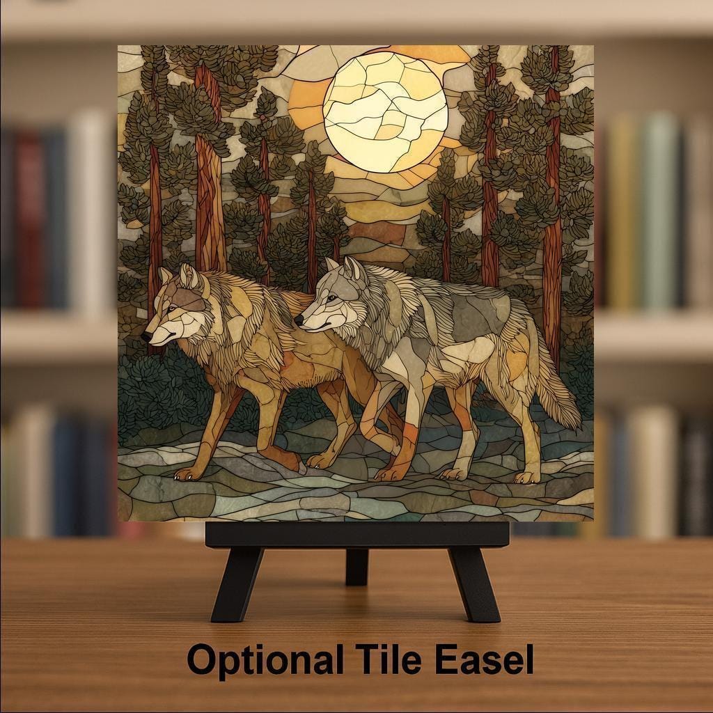 Wolf Pair Wall Art Ceramic Tile Stained Glass Style Woodland Gift Couple Decor Moonlit Forest Nature