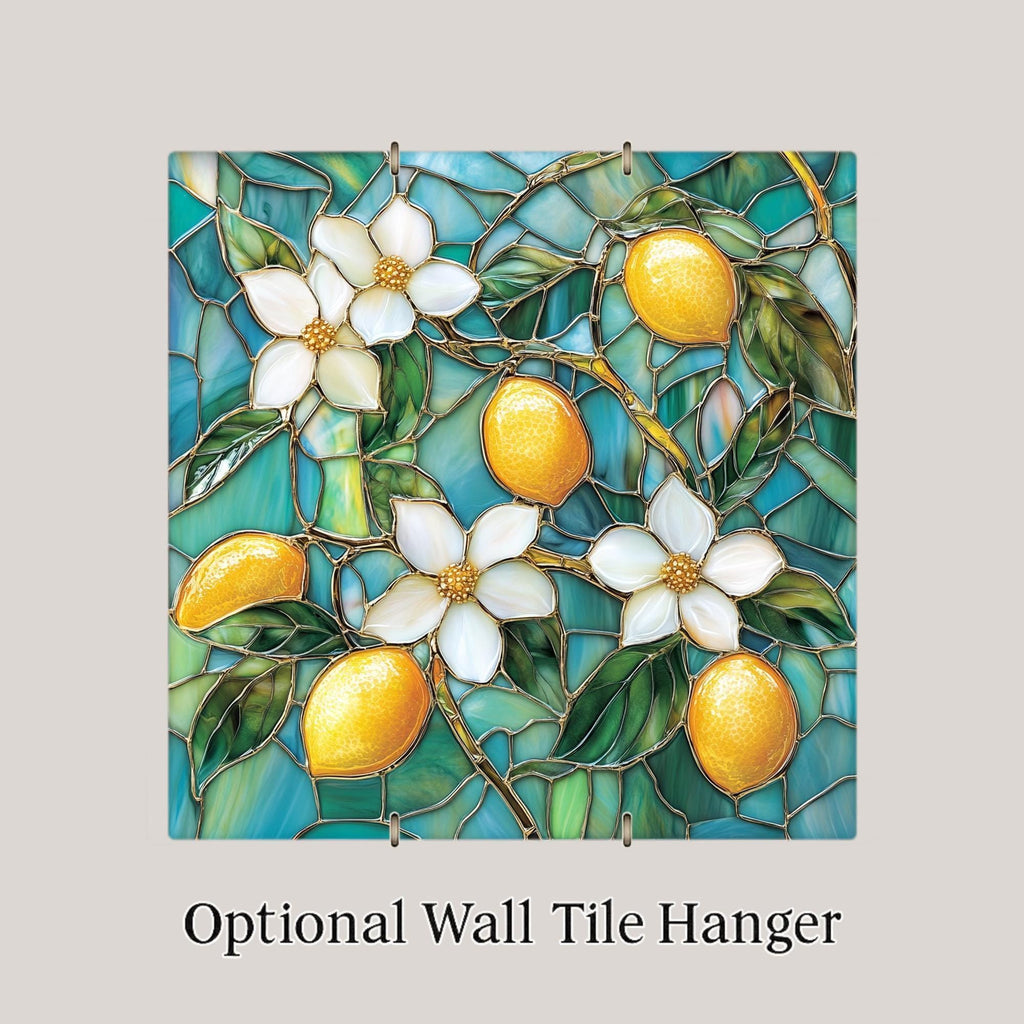 Lemon Wall Art Ceramic Tile Stained Glass Style Kitchen Decor Lemon Blossom Citrus Tile Teal Botanical Nature Art