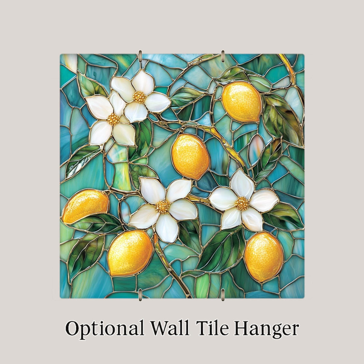 Lemon Wall Art Ceramic Tile Stained Glass Style Kitchen Decor Lemon Blossom Citrus Tile Teal Botanical Nature Art