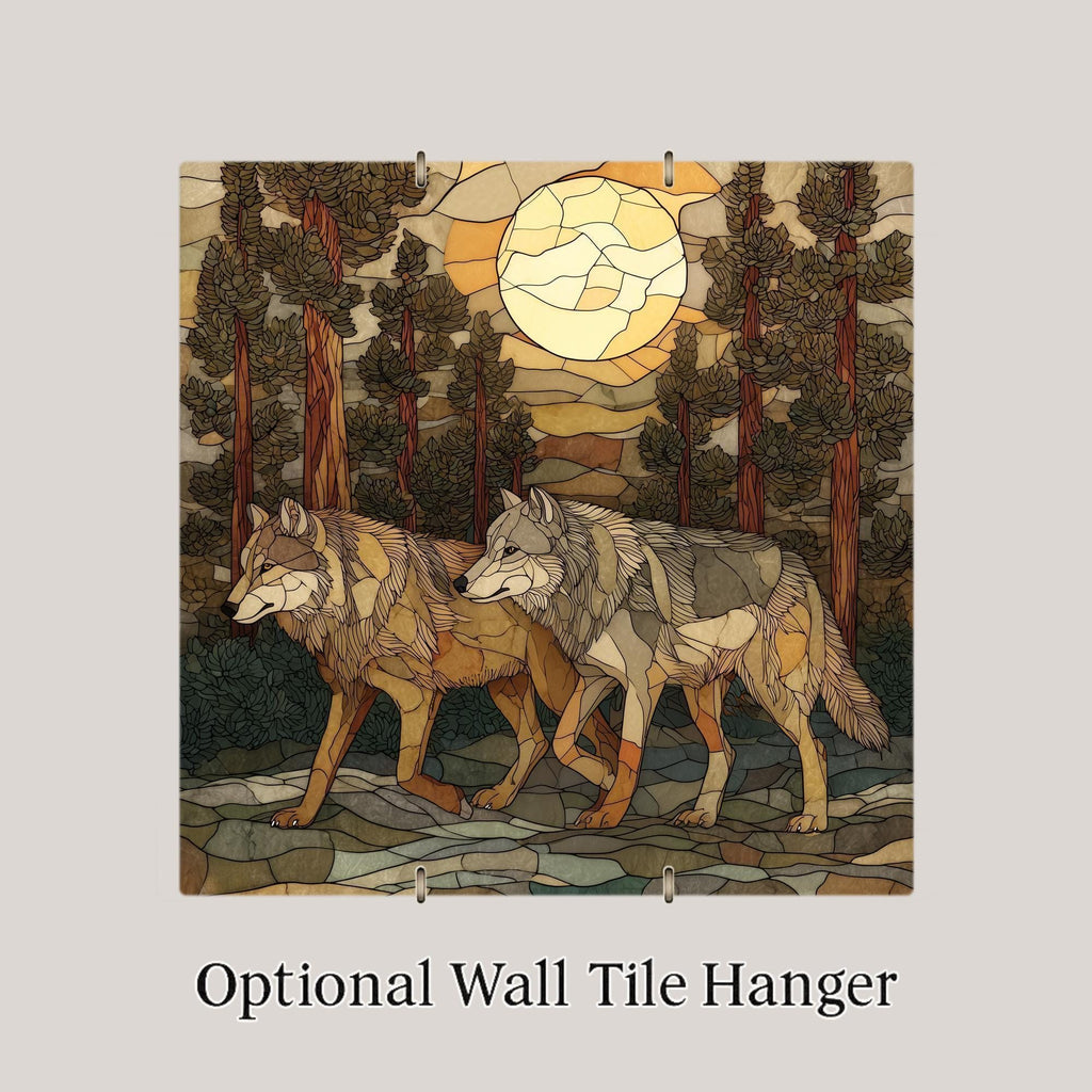Wolf Pair Wall Art Ceramic Tile Stained Glass Style Woodland Gift Couple Decor Moonlit Forest Nature