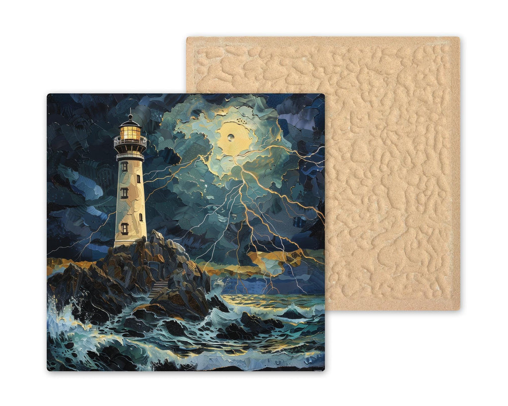 Storm Lighthouse Wall Art Ceramic Tile – Dramatic Coastal Decor – Moody Nautical Home Decor – Beach House Ocean Art
