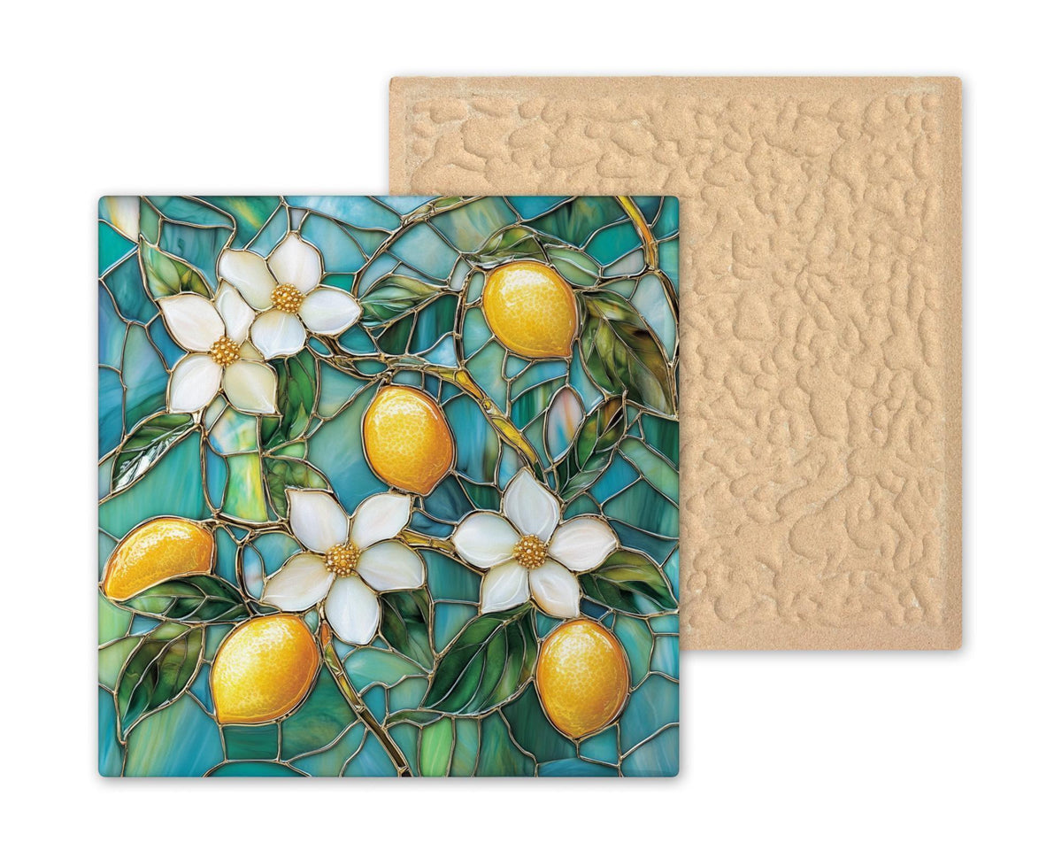 Lemon Wall Art Ceramic Tile Stained Glass Style Kitchen Decor Lemon Blossom Citrus Tile Teal Botanical Nature Art