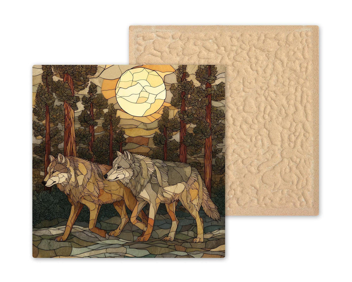 Wolf Pair Wall Art Ceramic Tile Stained Glass Style Woodland Gift Couple Decor Moonlit Forest Nature