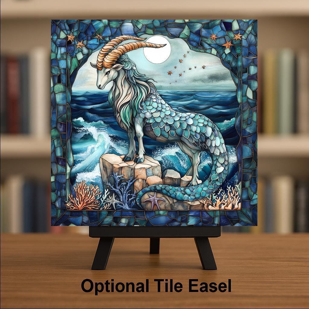Capricorn Zodiac Stained Glass Style Ceramic Art Tile: Night Sky Wall Decor Celestial Home Decor Wall Art Sea Goat Astrology Zodiac Celes