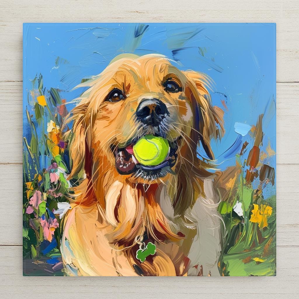 Happy Golden Retriever ceramic tile art with tennis ball and wildflowers. Bold impasto style, handmade pet wall decor full of warmth and joy.