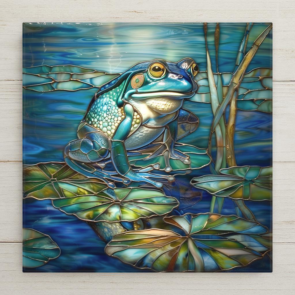 Vibrant blue frog tile art inspired by nature’s calm beauty. Perfect for wall art, home decor, or garden-themed display. Colors are infused directly into ceramic for lasting brilliance. Optional tile wall hanger, easel tile stand, cork backing, and premium frame available.