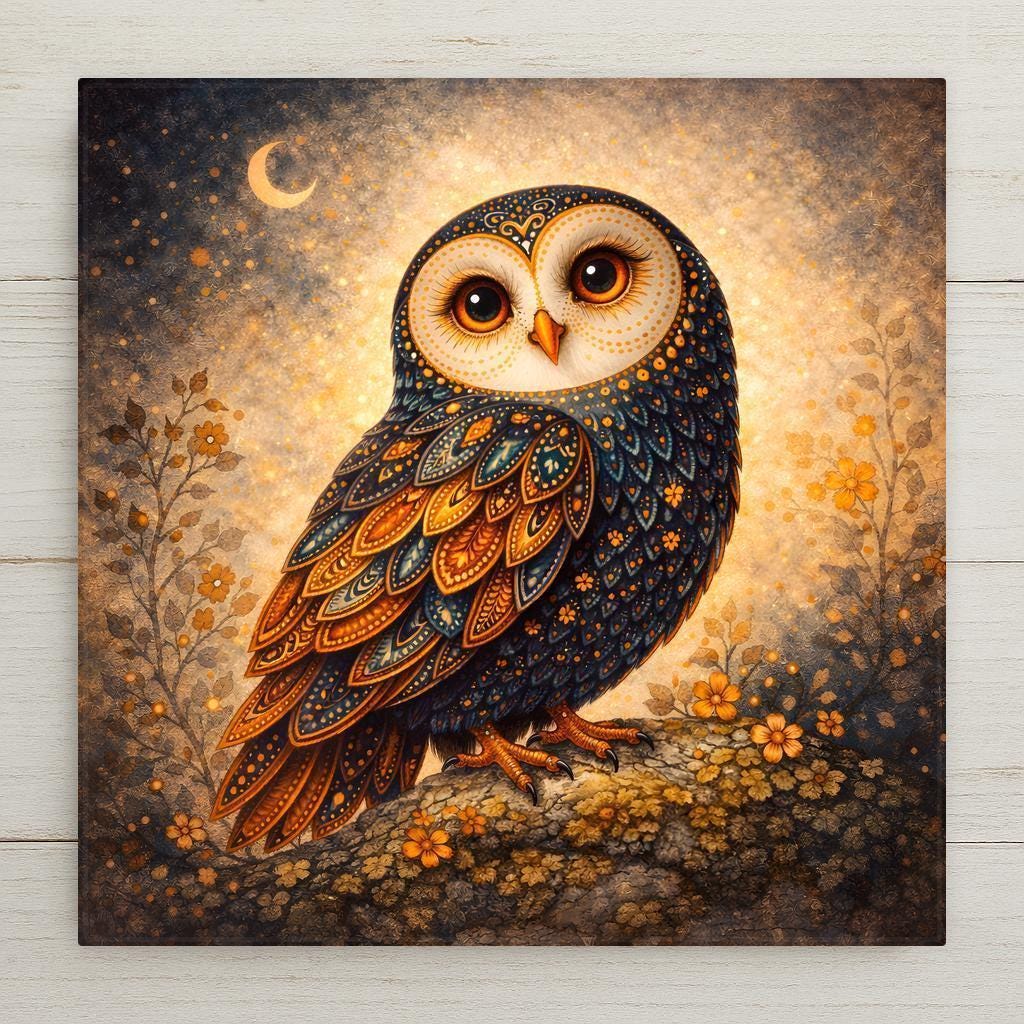 Boho folk-art ceramic art tile of an ornate patterned owl beneath a crescent moon and stars, framed by autumn wildflowers on a glowing gold background, celestial woodland decor.