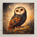 Boho folk-art ceramic art tile of an ornate patterned owl beneath a crescent moon and stars, framed by autumn wildflowers on a glowing gold background, celestial woodland decor.