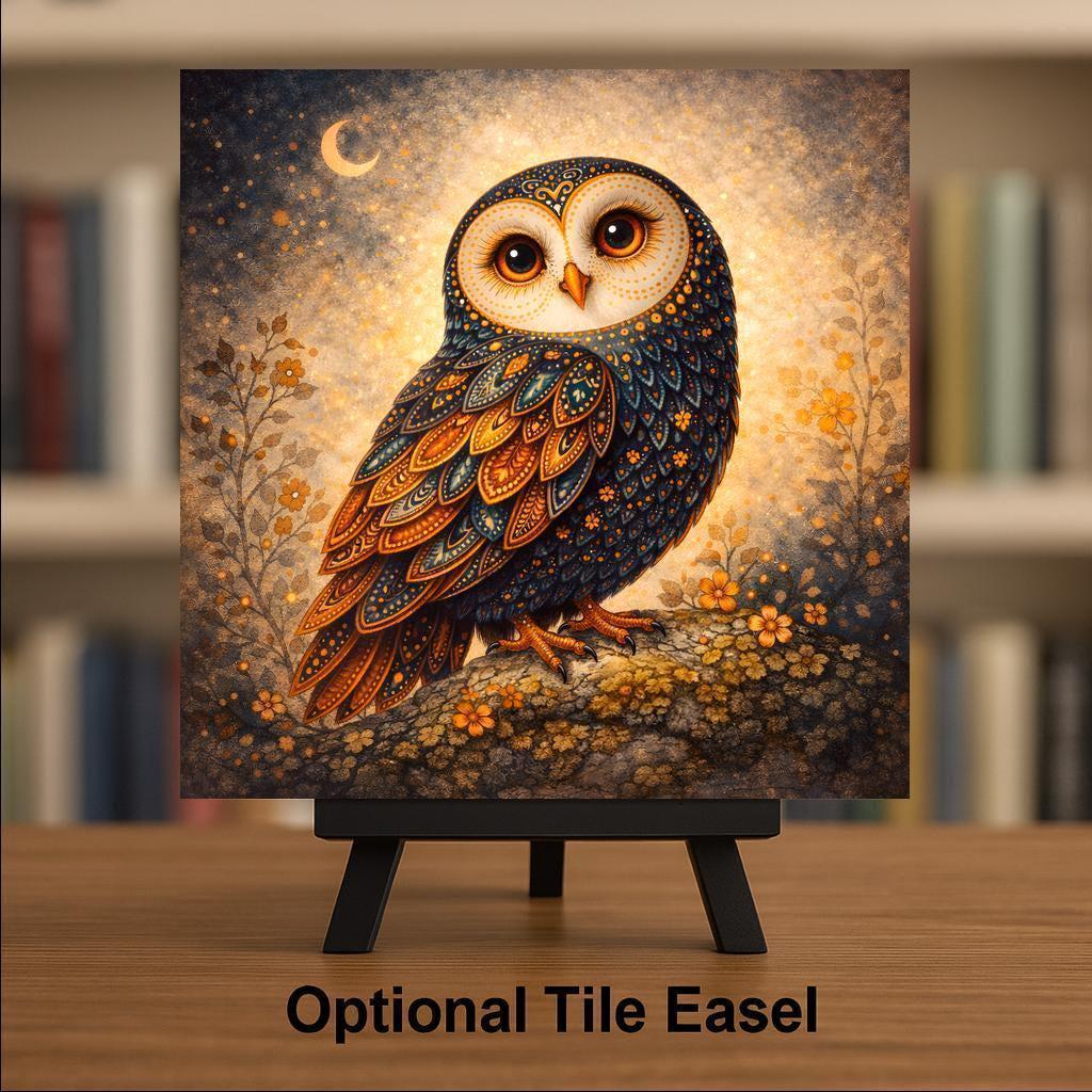 Boho Owl Ceramic Art Tile – Celestial Woodland Wall Decor, Whimsical Nursery Accent