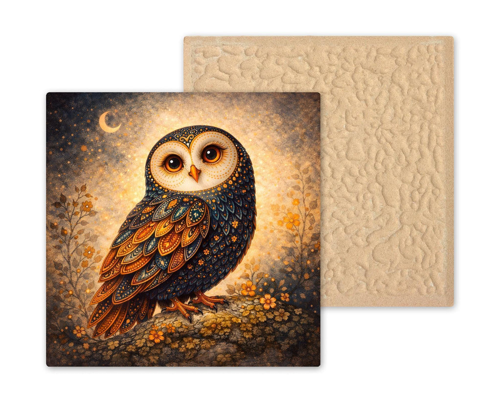 Boho Owl Ceramic Art Tile – Celestial Woodland Wall Decor, Whimsical Nursery Accent