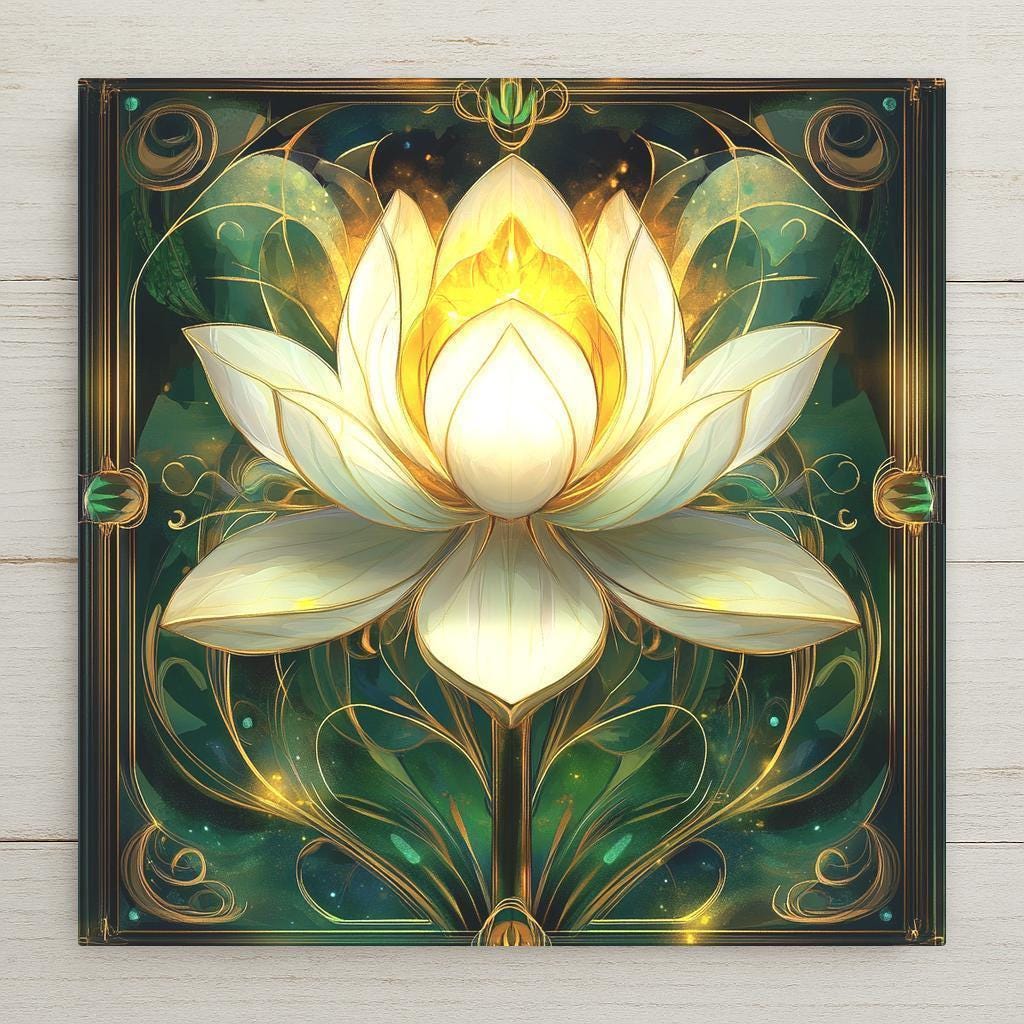 Art Nouveau-style ceramic tile featuring a glowing lotus flower with golden lines and green floral accents. A serene piece for spiritual or zen décor.