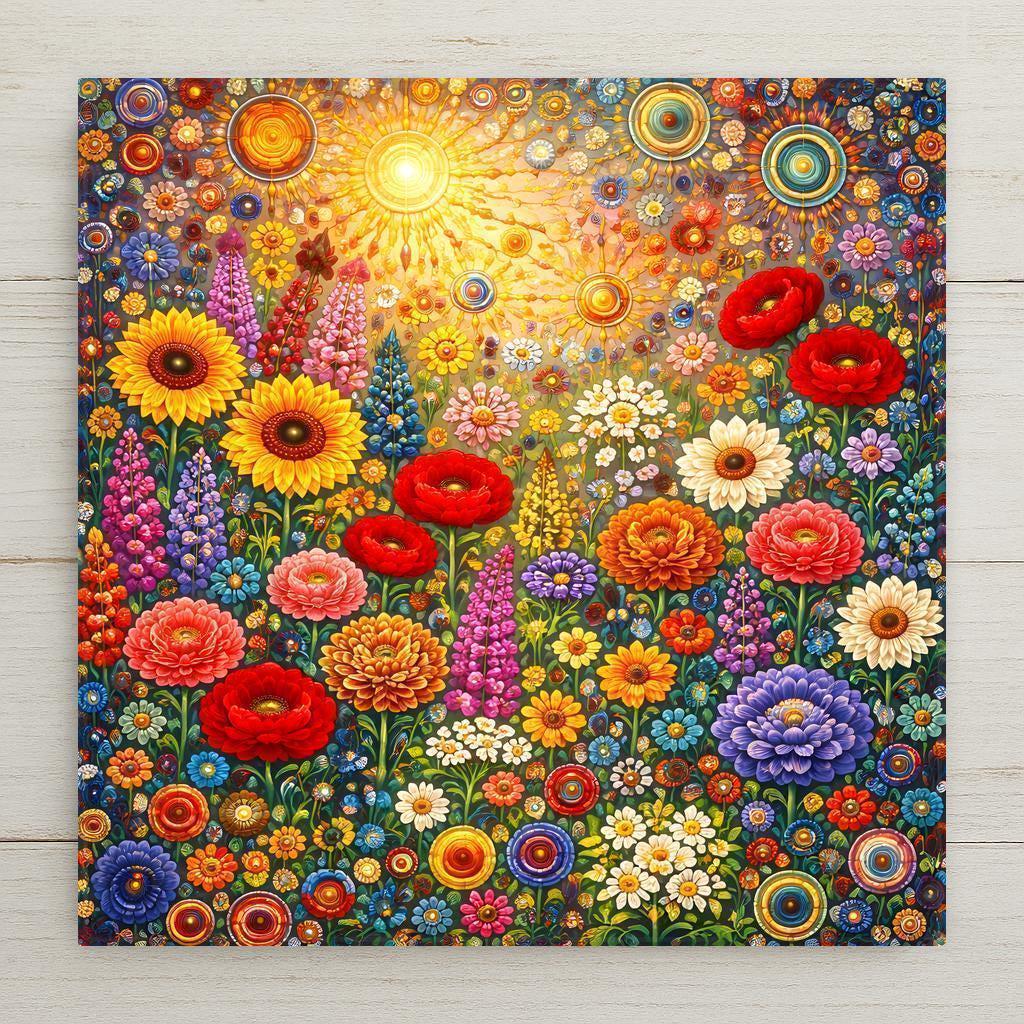 A colorful botanical wall art ceramic tile featuring a vibrant floral meadow filled with layered flowers, radiant sunlit details, and stained glass style mosaic patterns. A joyful nature inspired home decor piece.
