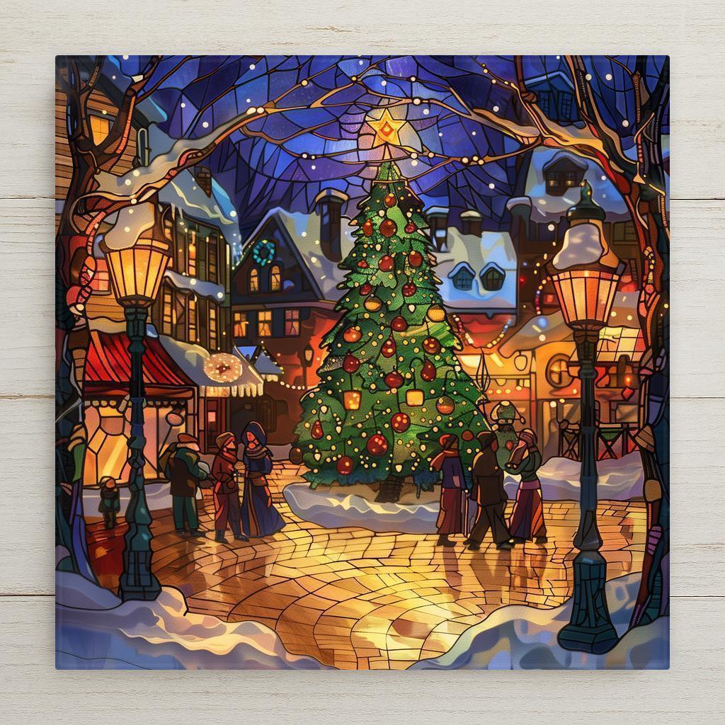 Home decor stained glass–style ceramic tile featuring a glowing Christmas tree in a snowy town square with shops, street lamps, and villagers. While it may look like stained glass or mosaic, this is a permanent print on tile. Printed with premium inks for lasting color. Optional add-ons include a tile wall hanger, easel tile stand, or cork backing. Perfect for Christmas décor, seasonal wall art, or festive holiday gifts.