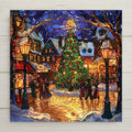 Home decor stained glass–style ceramic tile featuring a glowing Christmas tree in a snowy town square with shops, street lamps, and villagers. While it may look like stained glass or mosaic, this is a permanent print on tile. Printed with premium inks for lasting color. Optional add-ons include a tile wall hanger, easel tile stand, or cork backing. Perfect for Christmas décor, seasonal wall art, or festive holiday gifts.