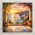 Square ceramic tile wall art showing an Amalfi Coast sunset through a stone arch with lemons and pink flowers, overlooking a glowing Mediterranean sea and cliffside village.