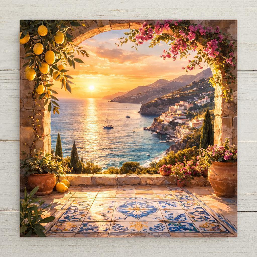 Square ceramic tile wall art showing an Amalfi Coast sunset through a stone arch with lemons and pink flowers, overlooking a glowing Mediterranean sea and cliffside village.