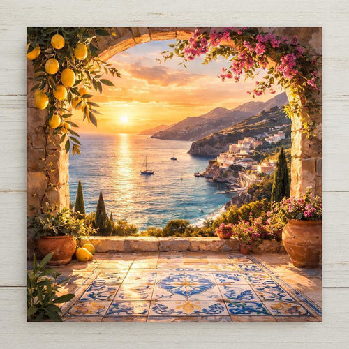 Square ceramic tile wall art showing an Amalfi Coast sunset through a stone arch with lemons and pink flowers, overlooking a glowing Mediterranean sea and cliffside village.