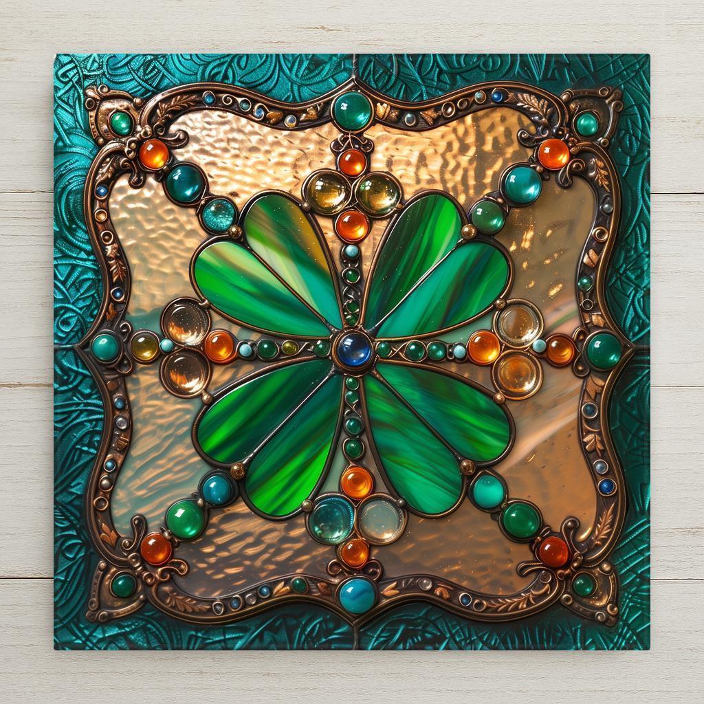 Stained glass shamrock wall art featuring a glowing four-leaf clover in emerald green with jewel-tone accents. Permanently printed on ceramic tile for lasting color. Display options include cork backing, wall hanger, easel stand, or upgrade to a premium frame for wall or tabletop use. Perfect Irish gift or Celtic home decor.