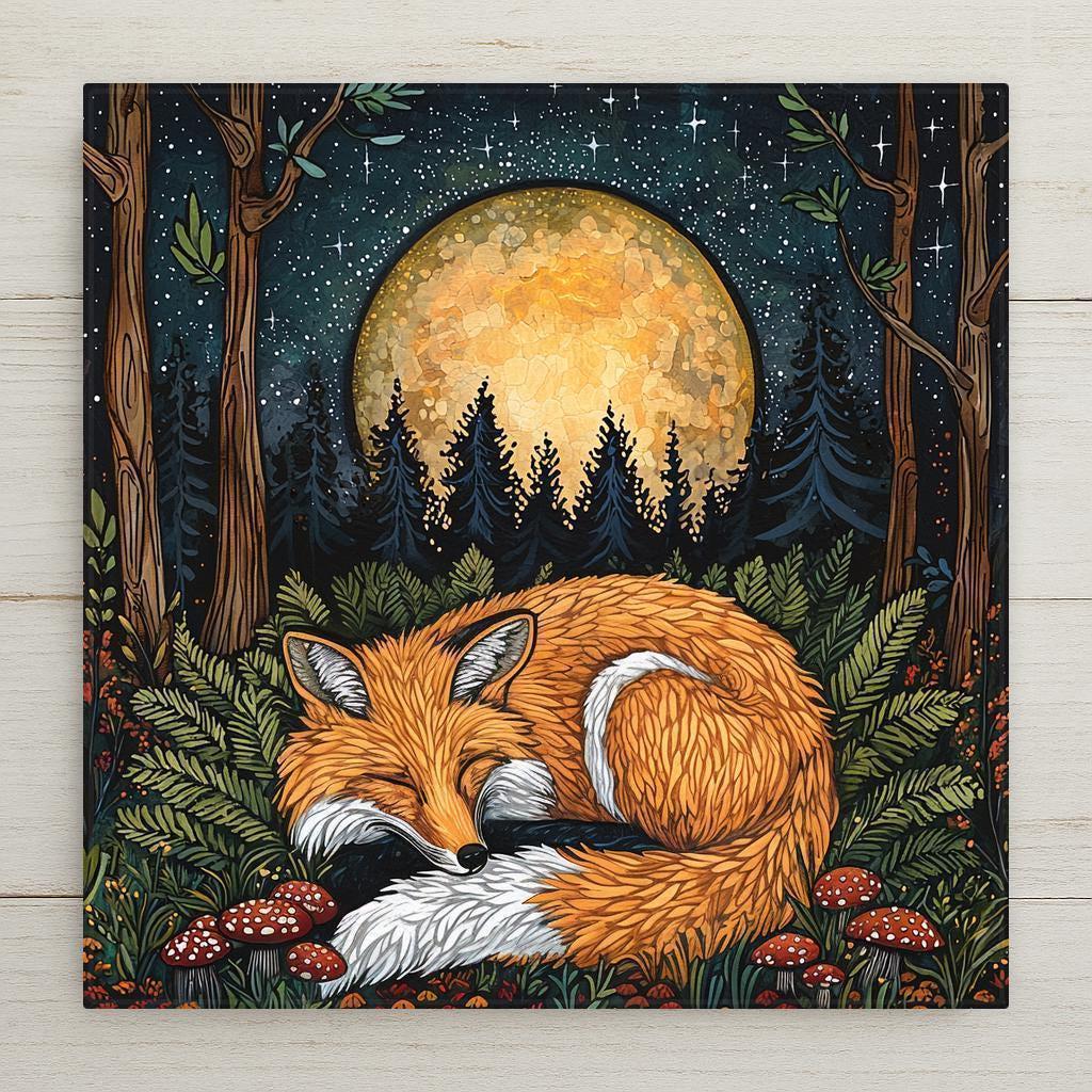 A cozy sleeping fox nestled in ferns under a glowing full moon. This folk art-inspired ceramic tile blends woodland charm and serene forest vibes. Perfect gift for fox lovers, moon watchers, or fans of folk and nature art. Use as unique wall decor or pair with a tile stand. Optional tile wall hanger or stand available.