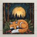 A cozy sleeping fox nestled in ferns under a glowing full moon. This folk art-inspired ceramic tile blends woodland charm and serene forest vibes. Perfect gift for fox lovers, moon watchers, or fans of folk and nature art. Use as unique wall decor or pair with a tile stand. Optional tile wall hanger or stand available.