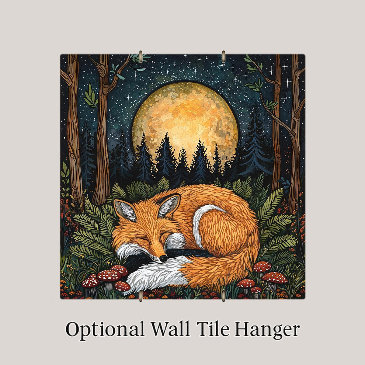 Woodland Fox Wall Art Tile Ceramic Moonlit Forest Scene Wall Decor