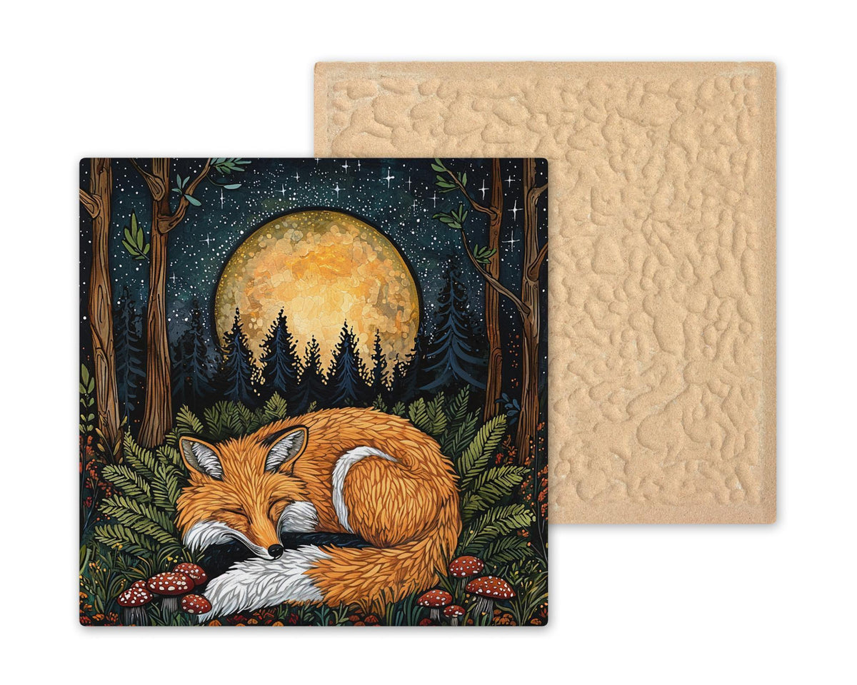 Woodland Fox Wall Art Tile Ceramic Moonlit Forest Scene Wall Decor