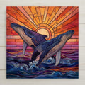 Stained-glass–style whale wall art featuring two majestic whales rising through ocean waves beneath a glowing sunset. This luminous ceramic tile symbolizes strength, connection, and harmony, making it meaningful coastal decor or a striking ocean-inspired gift. Optional wall hanger, easel stand, cork backing, or premium frame available.