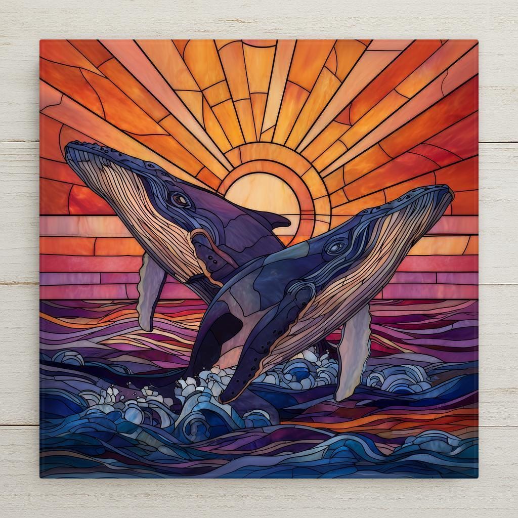 Stained-glass–style whale wall art featuring two majestic whales rising through ocean waves beneath a glowing sunset. This luminous ceramic tile symbolizes strength, connection, and harmony, making it meaningful coastal decor or a striking ocean-inspired gift. Optional wall hanger, easel stand, cork backing, or premium frame available.