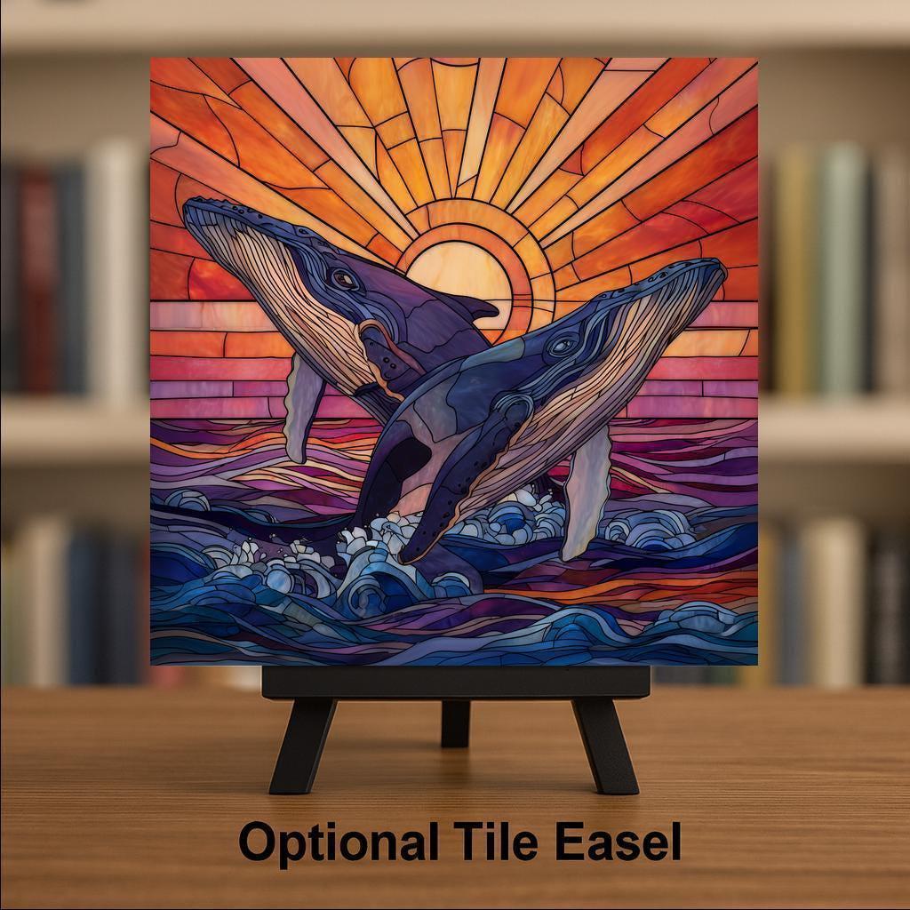 Ocean Sunset Whale Wall Art Ceramic Tile Marine Gift Stained Glass Decor Whale Lover Art Coastal Gift Tile