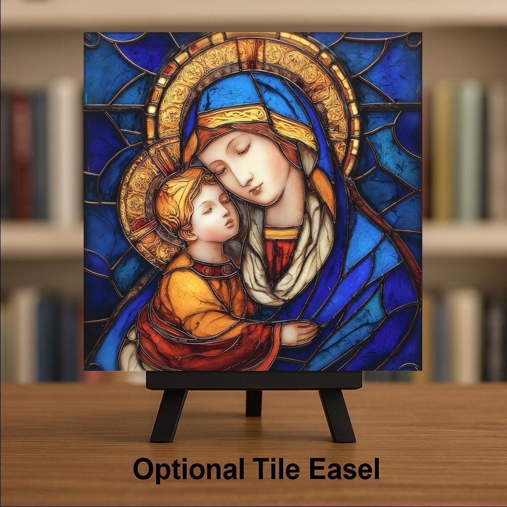 Madonna and Child Wall Art Ceramic Tile Stained Glass Style Virgin Mary Religious Home Decor Catholic Gift Tile