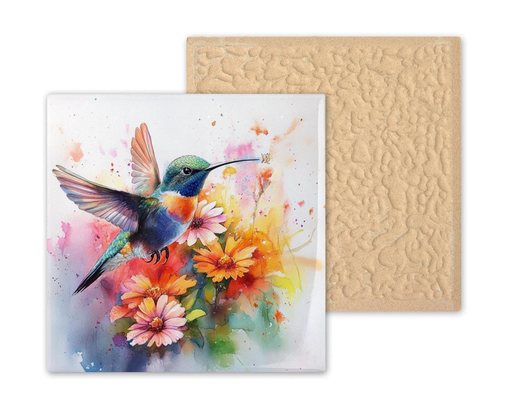 Add a touch of nature to your home decor with this exquisite Hummingbird Tile Art. Inspired by watercolor paintings, this figurative art piece features a beautiful hummingbird surrounded by vibrant florals. Use it as a decorative trivet or display it as a standalone art piece. Perfect for bird lovers and nature enthusiasts.