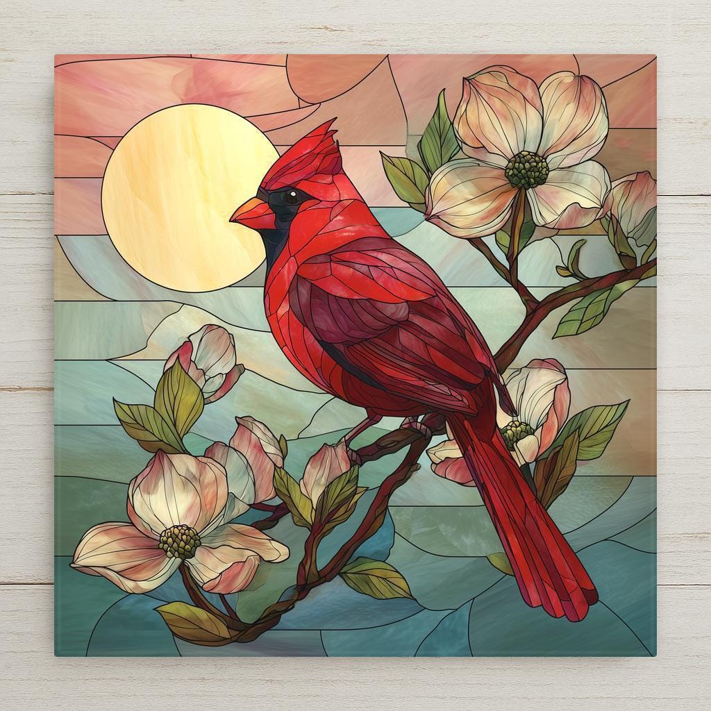 Cardinal bird ceramic tile wall art featuring a stained glass–style red cardinal with dogwood flowers and warm sunlight. Symbolic nature wall decor representing love, remembrance, and peace. Permanent print on ceramic tile, not real stained glass or mosaic. Optional wall hanger, easel stand, cork backing, or premium frame available.