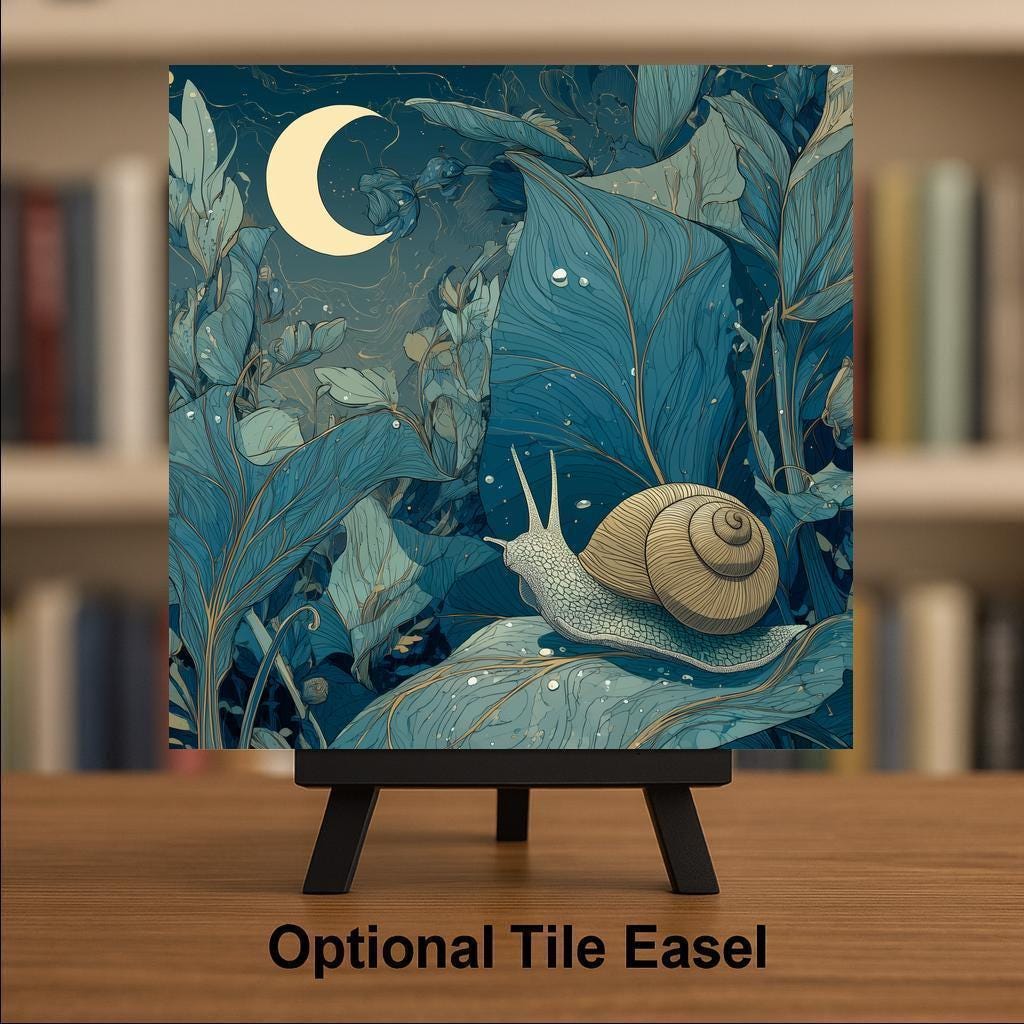 Moonlit Snail Ceramic Art Tile – Whimsical Night Garden Wall Decor, Cottagecore Nature Lover Gift