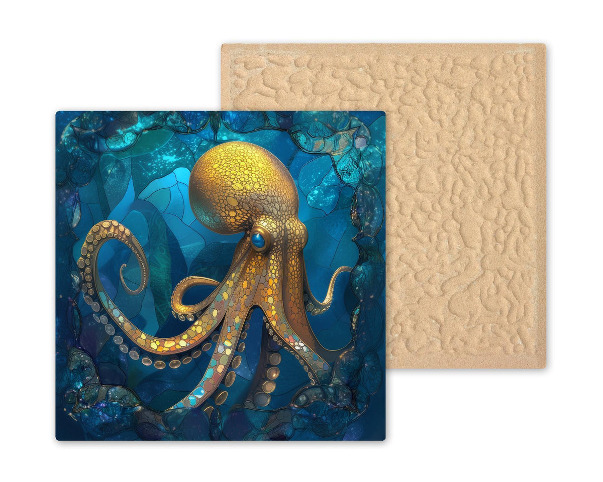 Octopus Stained Glass Style Ceramic Art Tile – Coastal Sea Life Wall Decor, Nautical Ocean Home Gift
