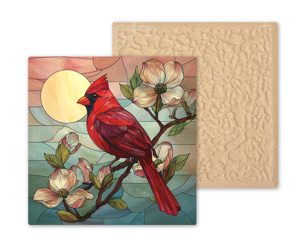 Cardinal Stained Glass Style Ceramic Art Tile – Dogwood Memorial Wall Decor, Sympathy Remembrance Gift