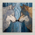 Stained glass-style wolf pair ceramic tile wall art featuring two wolves facing each other in a symbolic forest scene. A permanent high-resolution print on ceramic tile, designed to resemble stained glass but not made of glass or mosaic. Ideal as an anniversary gift, couple wall decor, or meaningful home decor celebrating partnership and loyalty. Optional wall hanger, easel stand, cork backing, and premium frame available.
