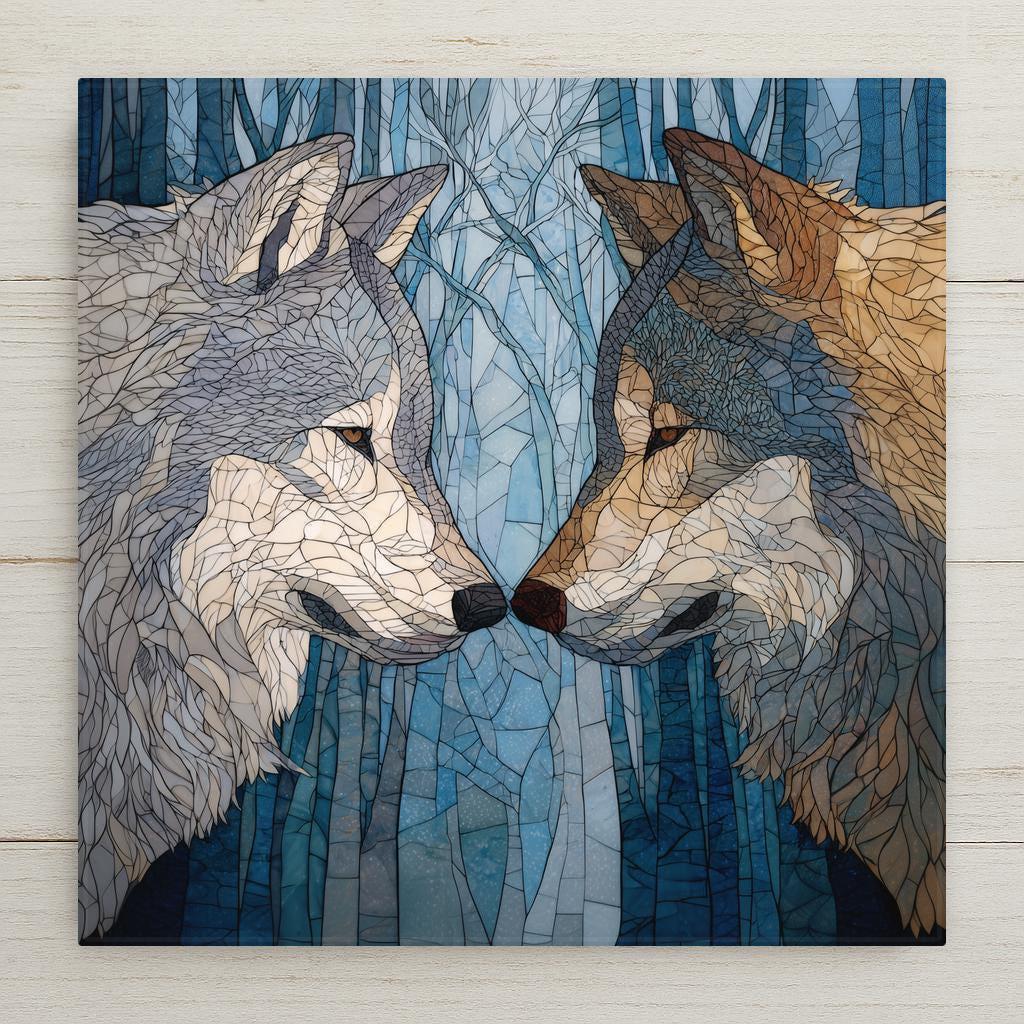 Stained glass-style wolf pair ceramic tile wall art featuring two wolves facing each other in a symbolic forest scene. A permanent high-resolution print on ceramic tile, designed to resemble stained glass but not made of glass or mosaic. Ideal as an anniversary gift, couple wall decor, or meaningful home decor celebrating partnership and loyalty. Optional wall hanger, easel stand, cork backing, and premium frame available.