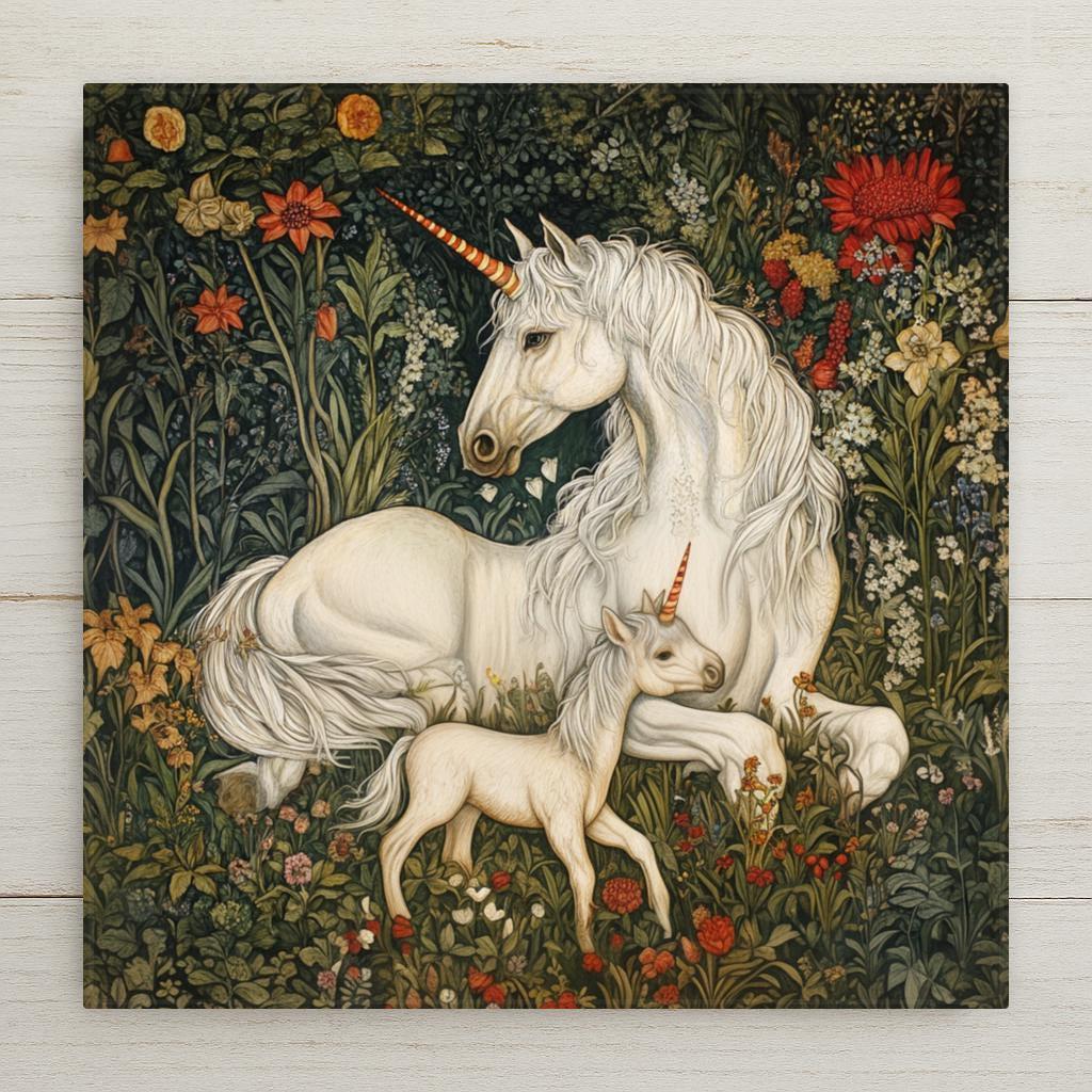 Add a touch of fairytale magic to your home with this stunning unicorn and baby foal ceramic tile. Designed in a style reminiscent of William Morris and Art Nouveau, this artwork captures the innocence and majesty of unicorns in a flourishing forest. Whether used as a wall accent, coaster, or decorative trivet, this piece is an unforgettable gift for fantasy fans, children’s rooms, or mystical art collectors.