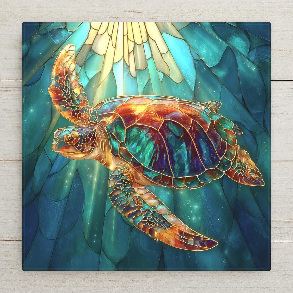 Vibrant stained glass-style sea turtle ceramic tile home decor with glowing ocean blues, gold outlines, and radiant multicolor shell. Perfect beach wall art! Optional tile wall hanger, easel tile stand, or cork backing available for display versatility.