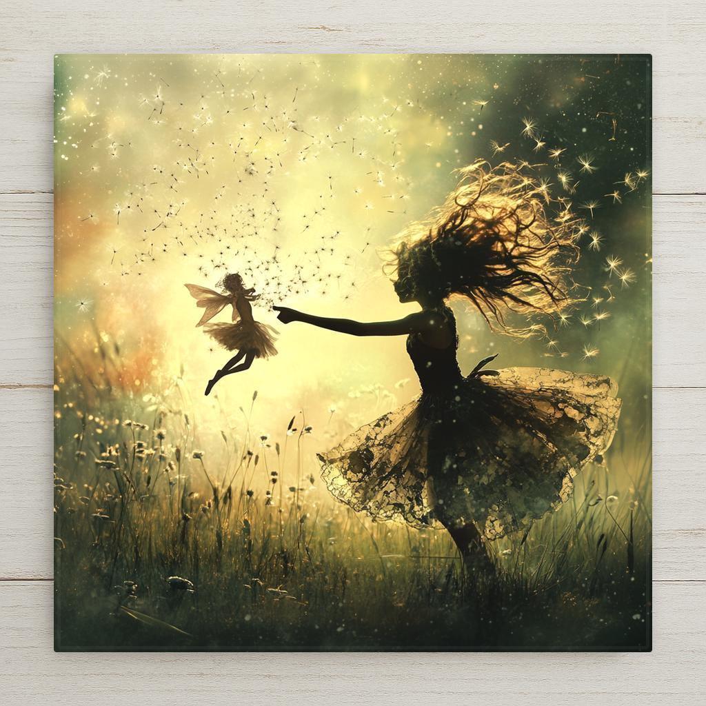 Whimsical fairy dance ceramic tile art with glowing light, dandelions, and floating seeds. A dreamy fantasy decor piece for fairy lovers, nature spirit fans, and whimsical wall art collections. Glossy ceramic finish enhances soft golden tones. Ideal for fairycore rooms, nursery decor, or gifting to dreamers who love fantasy and folklore.