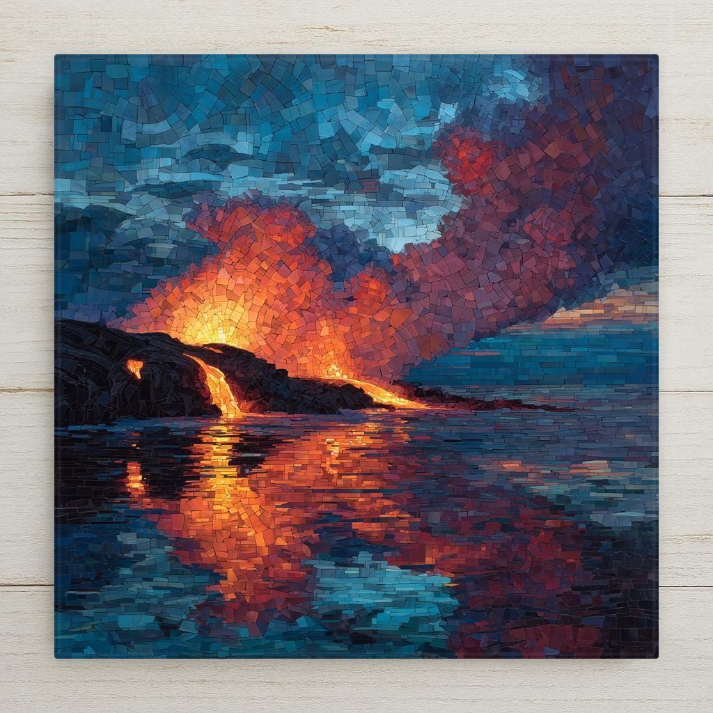 Stained glass style Kilauea volcano ceramic tile with glowing amber and crimson lava flowing into a deep cobalt Pacific Ocean at night, dramatic steam clouds and volcanic landscape on the Big Island of Hawaii, a vivid Hawaii and national park lover gift.
