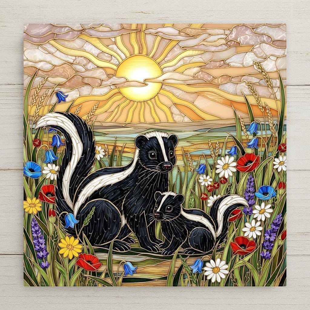 Stained glass style ceramic tile featuring a mother skunk and baby skunk surrounded by red poppies, daisies, lavender, and bluebells under a glowing golden sunrise. Woodland wildlife wall art ceramic tile designed for rustic cottage decor and nature home decor.